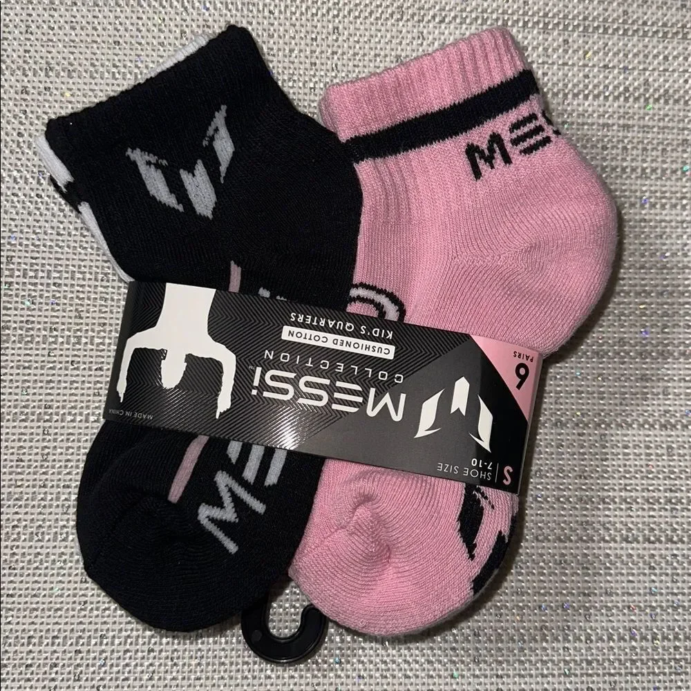 MESSI Black White Pink Boys Girls Lock Up Half Cushion Quarter Crew Socks